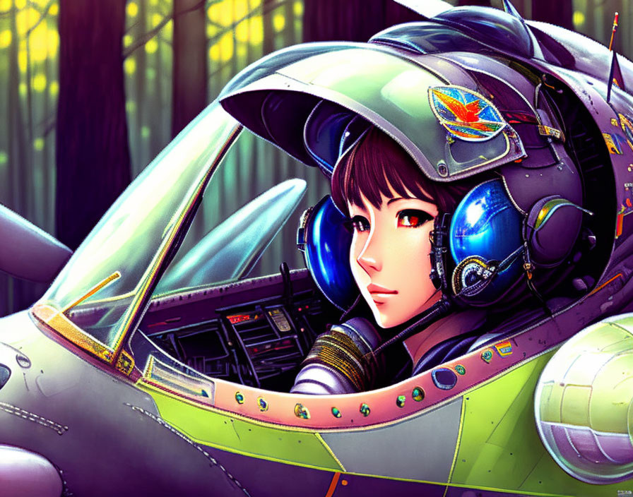 Female pilot in futuristic cockpit with reflective helmet and headset.