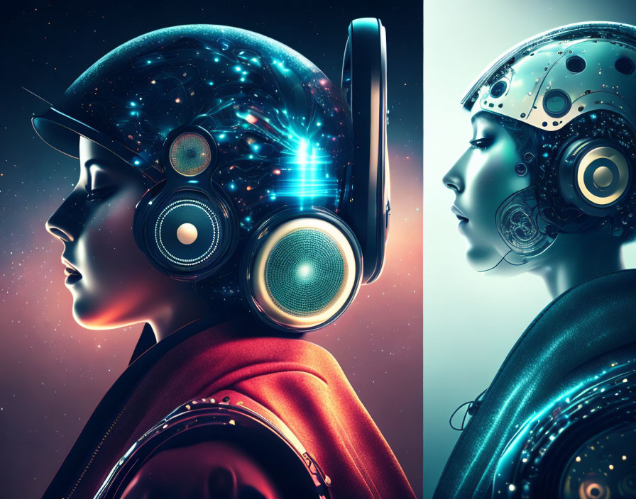 Futuristic female figures with intricate high-tech helmets in cosmic setting