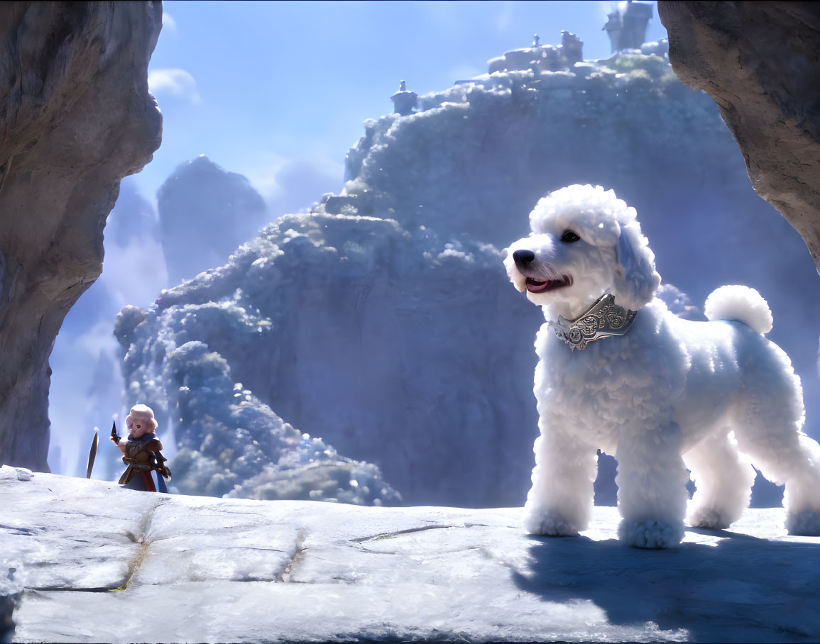 3D animated snowy scene with small warrior and giant white dog overlooking mystical mountain landscape