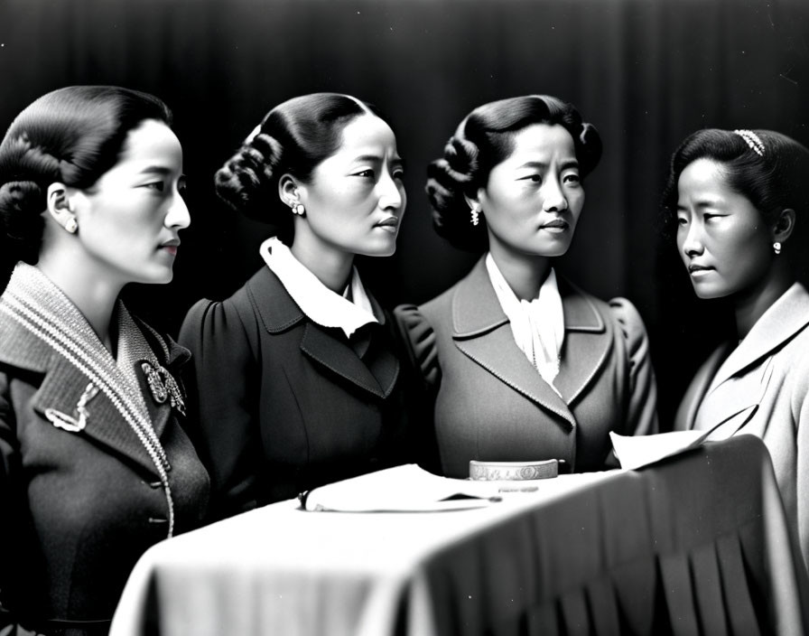 Four Women in Vintage Attire with Elegant Hairstyles Posing Side by Side