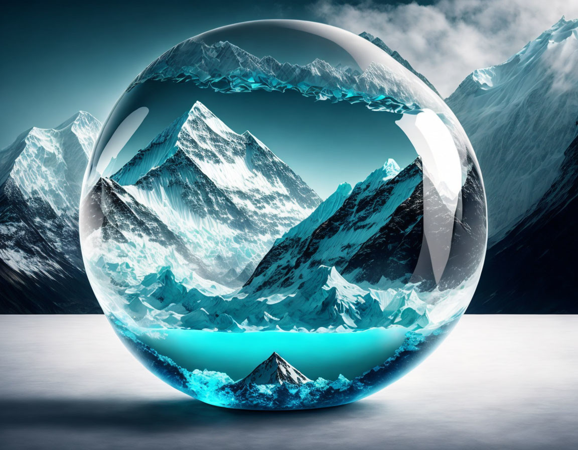 Surreal image of crystal sphere with mountain range and blue sky