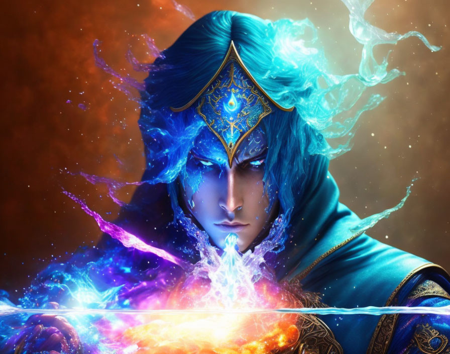 Blue-skinned character wields glowing sword amidst magical energy on fiery background