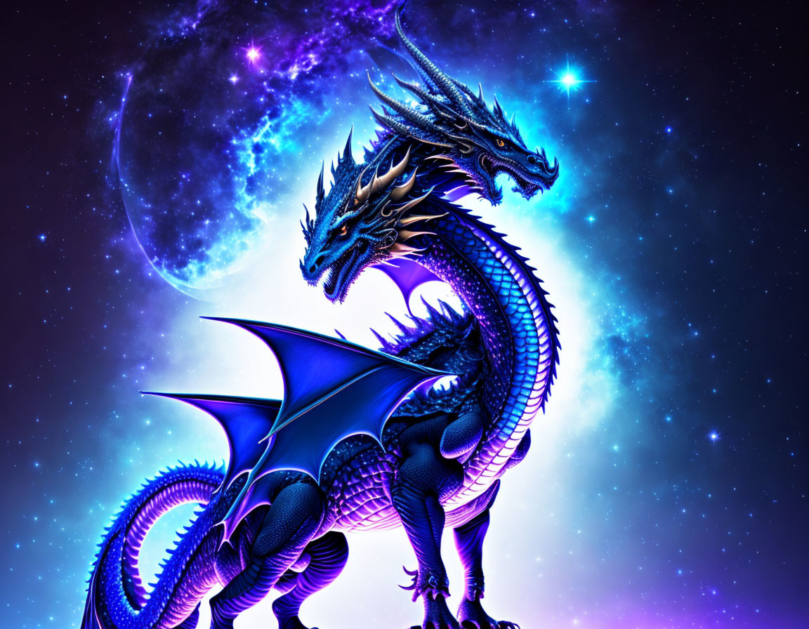 Blue dragon with gleaming scales in cosmic scene