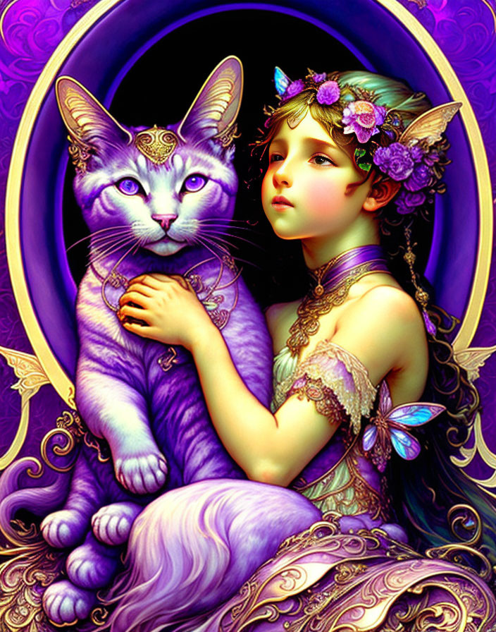 Fantasy illustration of young girl with floral adornments hugging large purple cat on violet backdrop