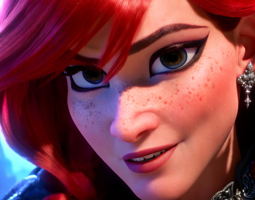 Red-haired animated character with green eyes and freckles smiling closely.