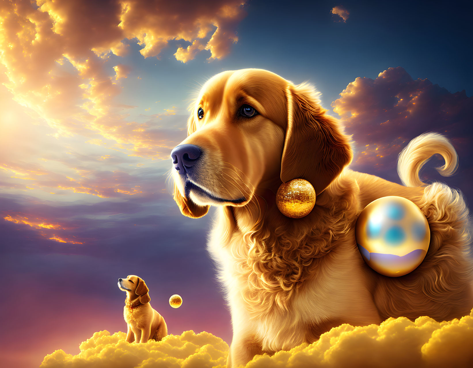 Golden retriever with shiny orb collar in sunset clouds with smaller dog and orbs.