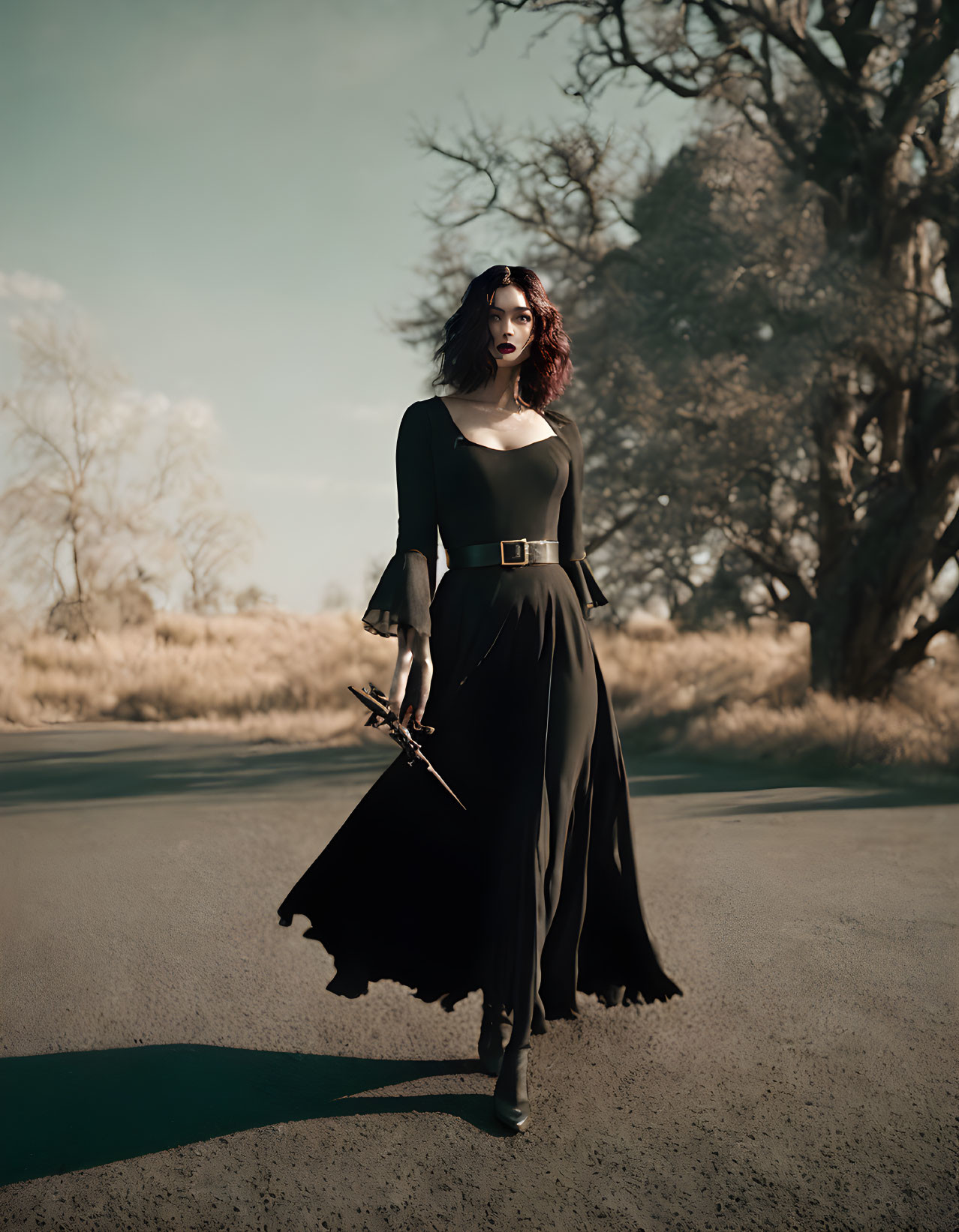 Dark-haired woman in black dress and boots wields sword on road with bare trees and clear sky