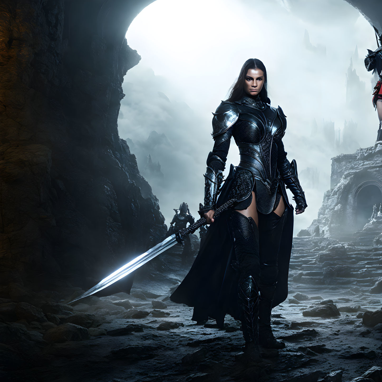 Warrior in black armor with sword in gloomy cave.