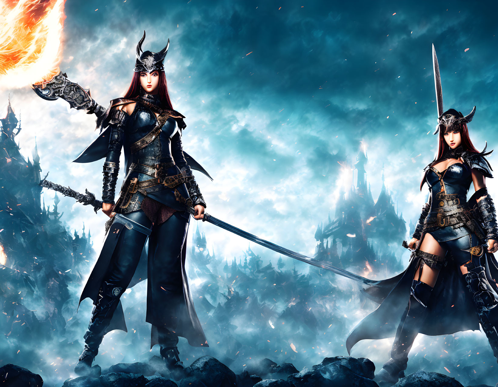 Female warriors in armor with fiery sword and spear at fantasy castle