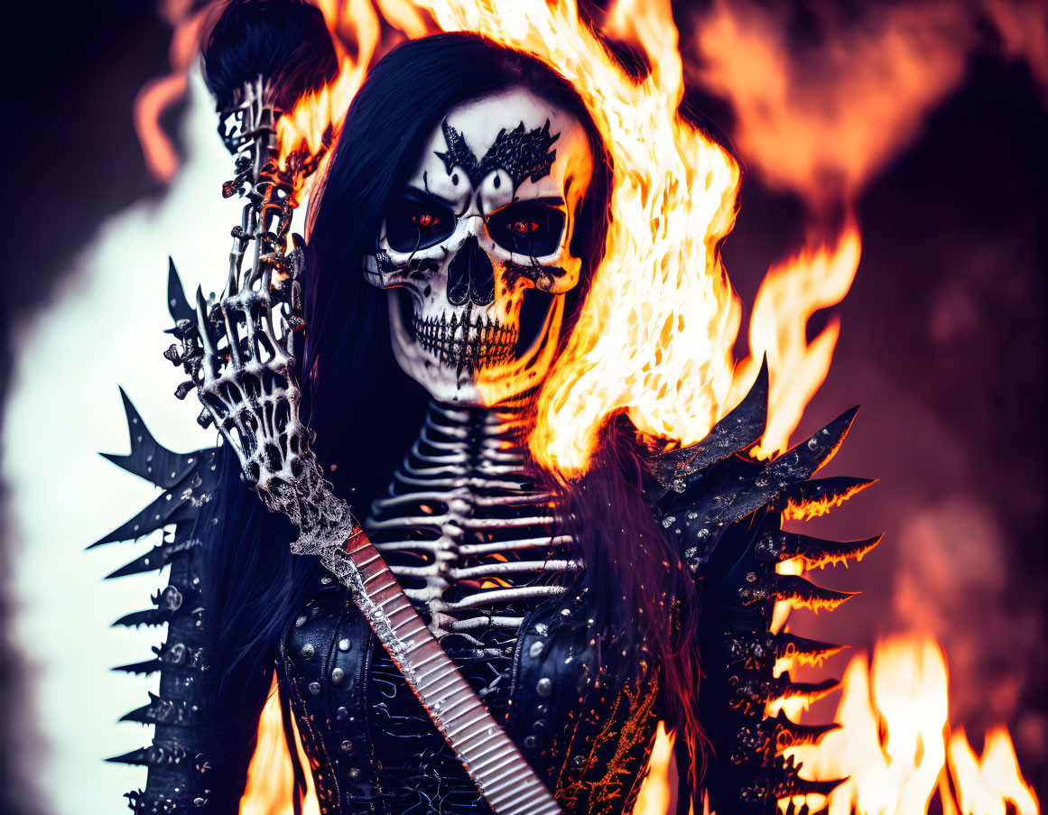 Person in skull makeup with sword in fiery background.