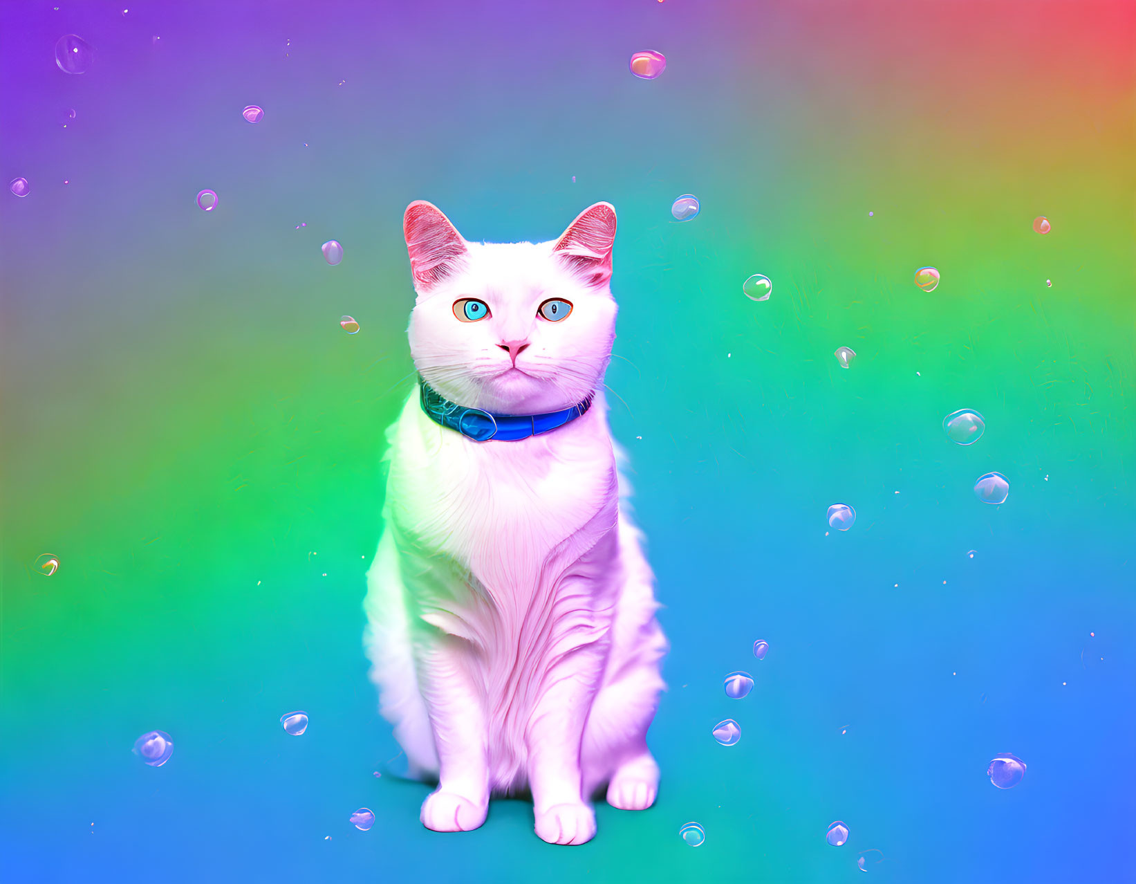 White Cat with Heterochromia Wearing Blue Collar in Rainbow Bubble Scene