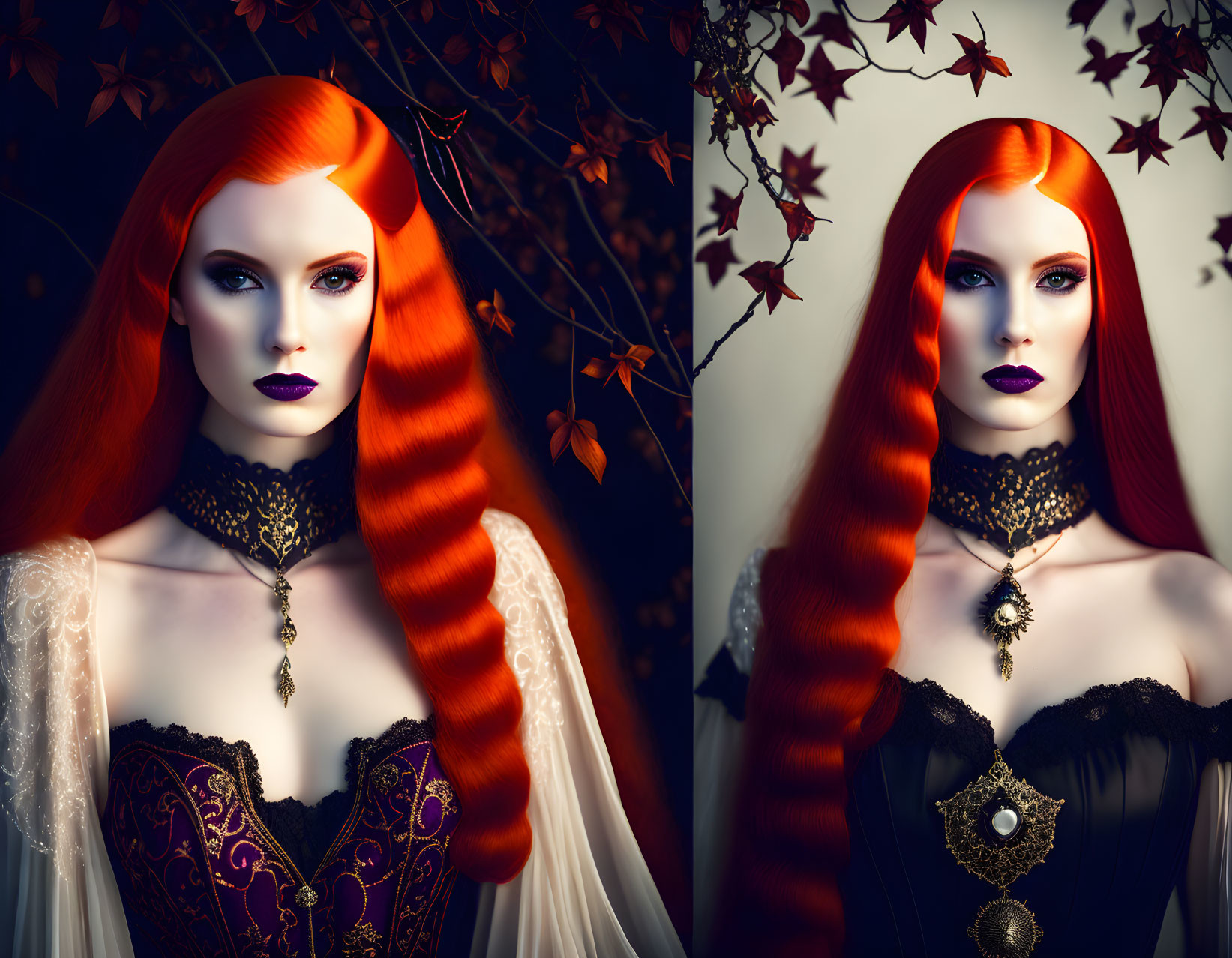 Portrait of woman with red hair, blue eyes, dark lipstick, gothic attire, against autumn backdrop