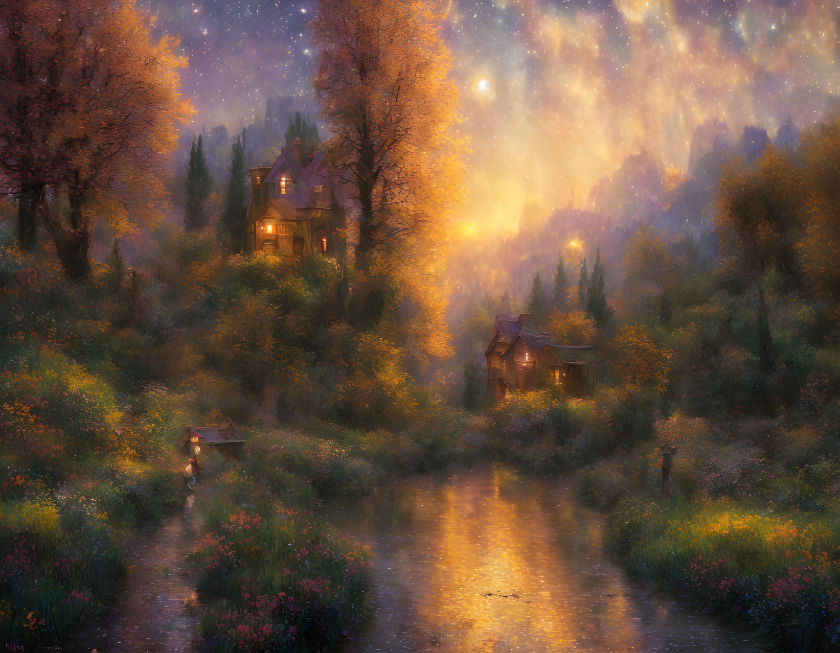 Fantastical landscape with glowing trees, river, and cozy houses