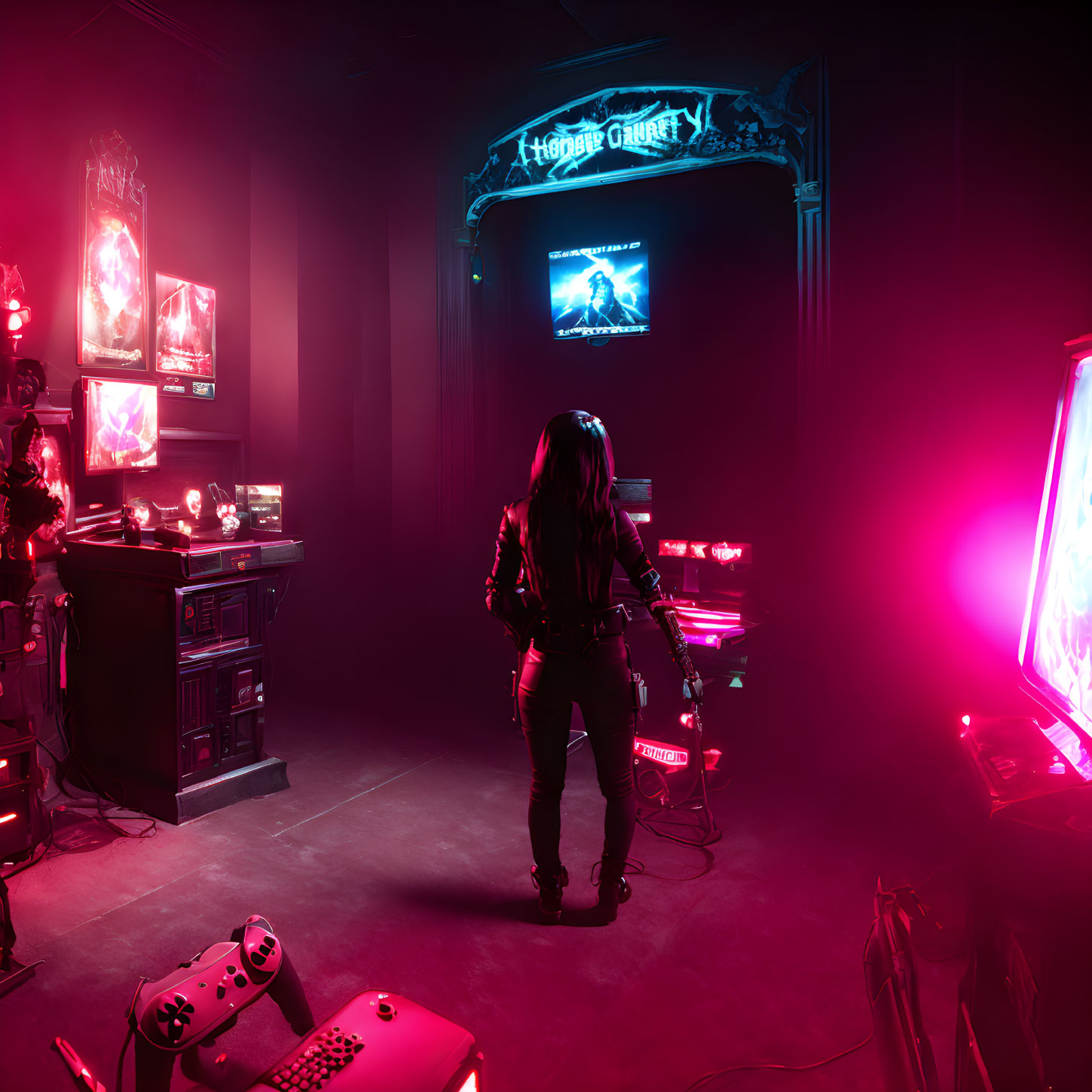 Neon-lit arcade room with retro video game machine