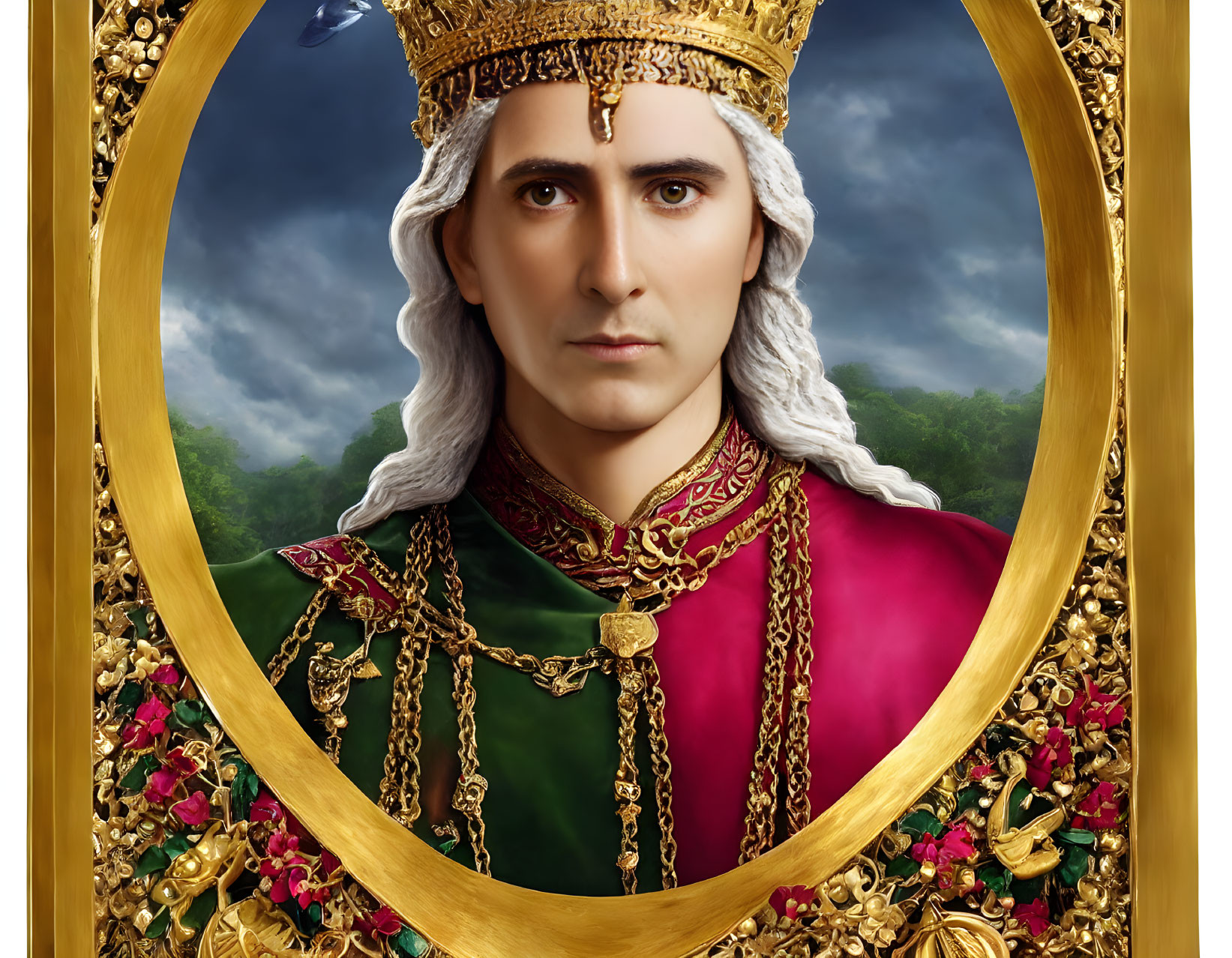 Regal individual in royal attire with crown in golden oval frame against cloud backdrop