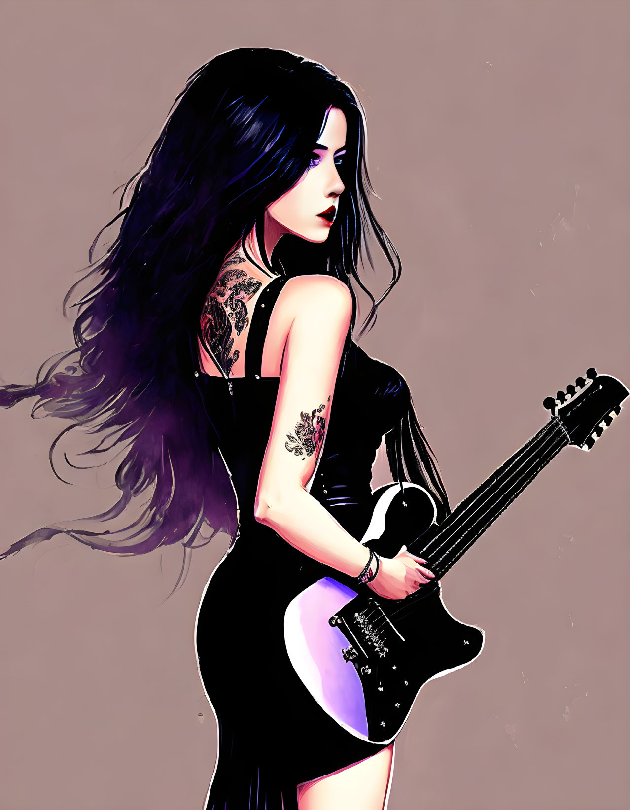 Dark-haired woman with tattoos holding electric guitar on plain background