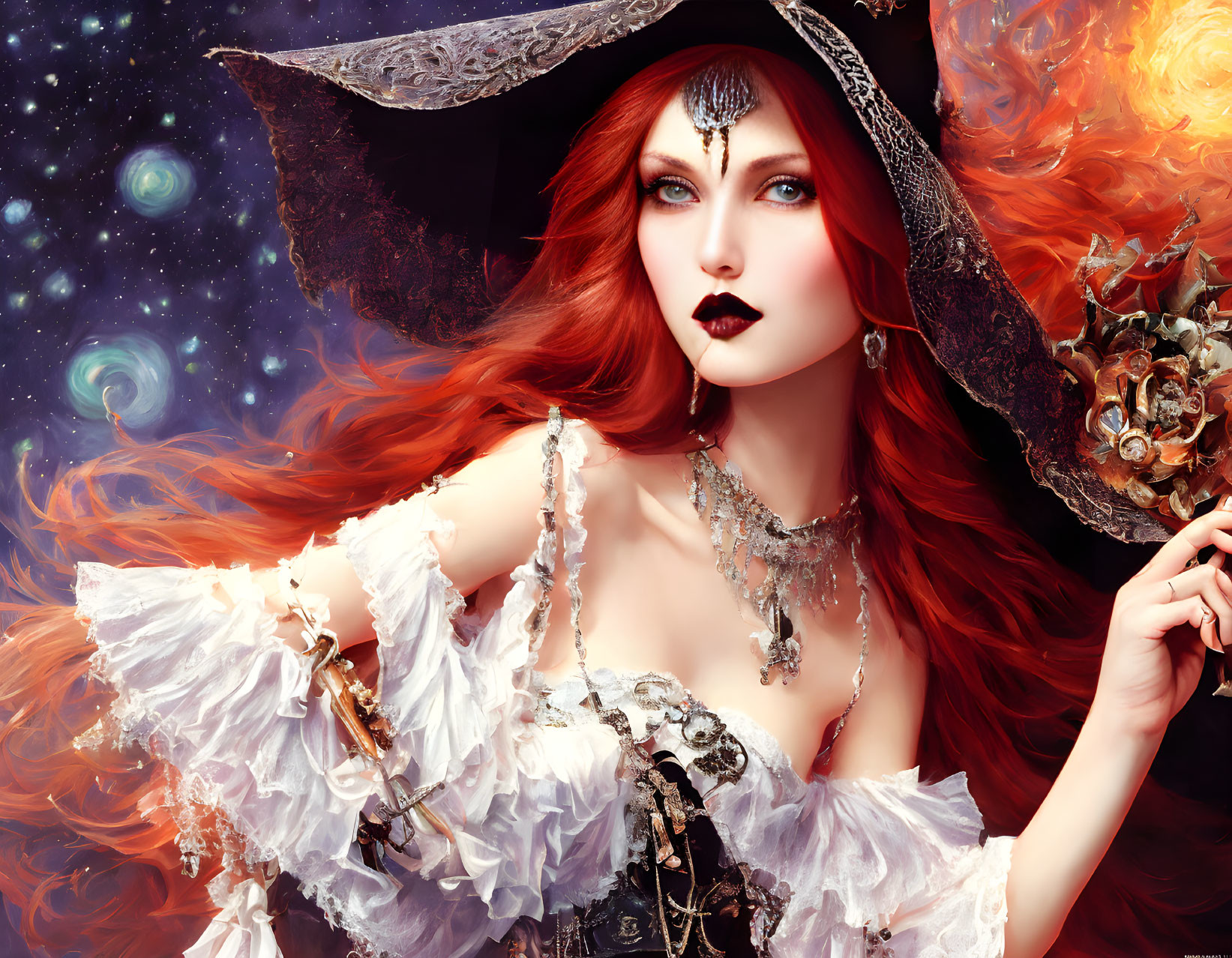 Vibrant red-haired woman in wide-brimmed hat against cosmic backdrop