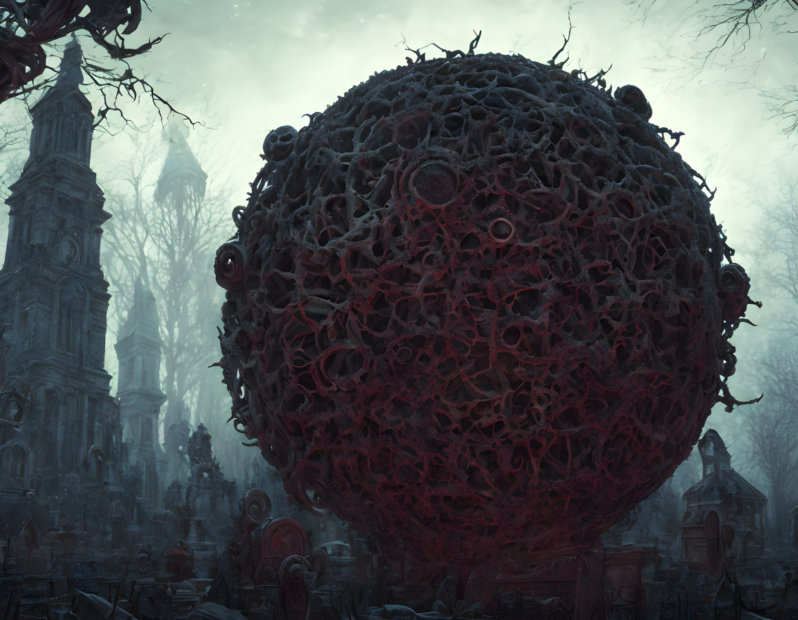 Gigantic, Menacing Sphere in Gothic Graveyard Setting