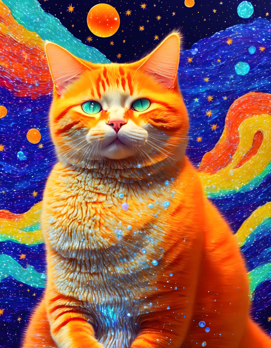 Orange Cat with Blue Eyes in Cosmic Setting: Stars, Planets, Galaxies