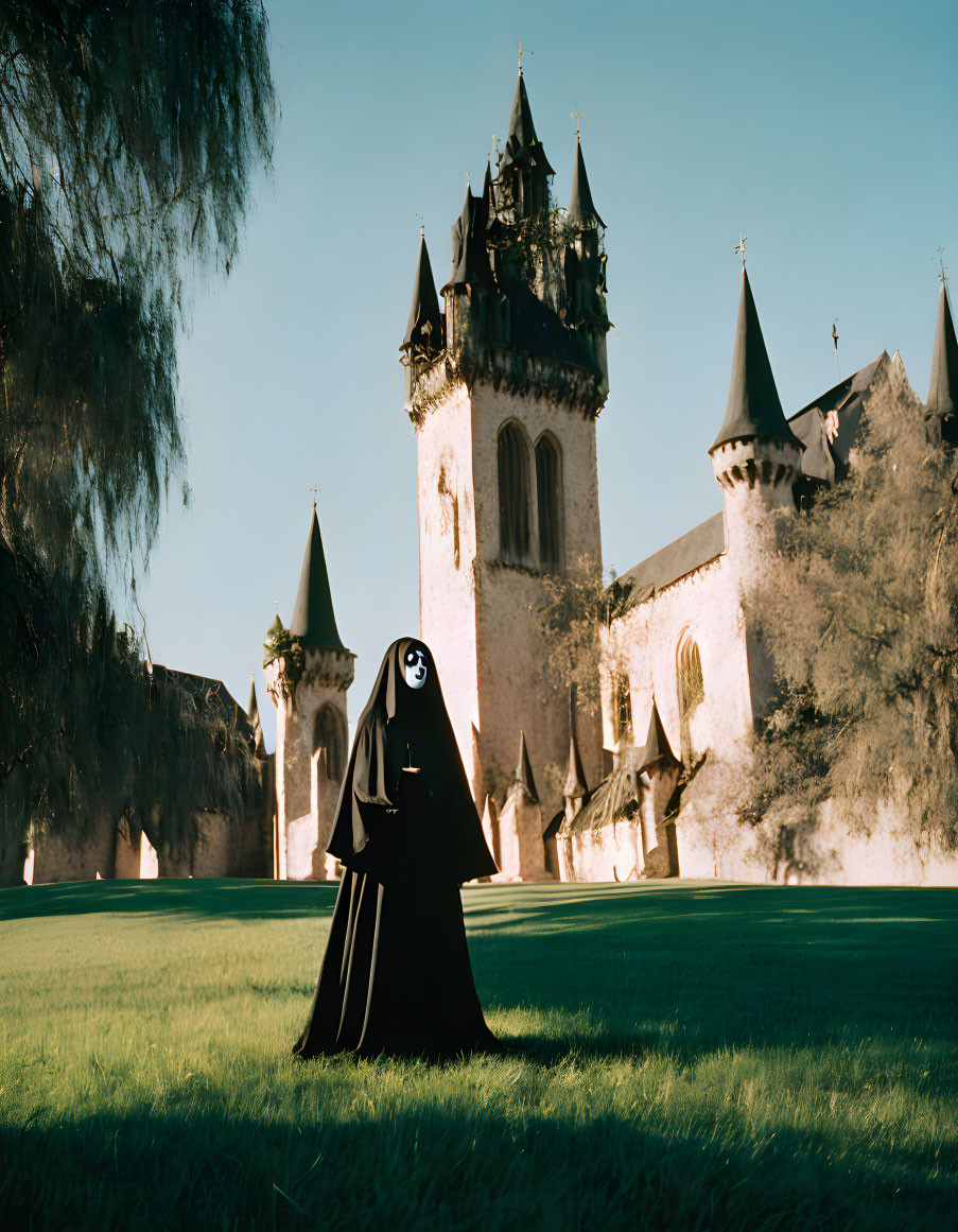 Mysterious figure in black cloak at castle with spires and willow tree