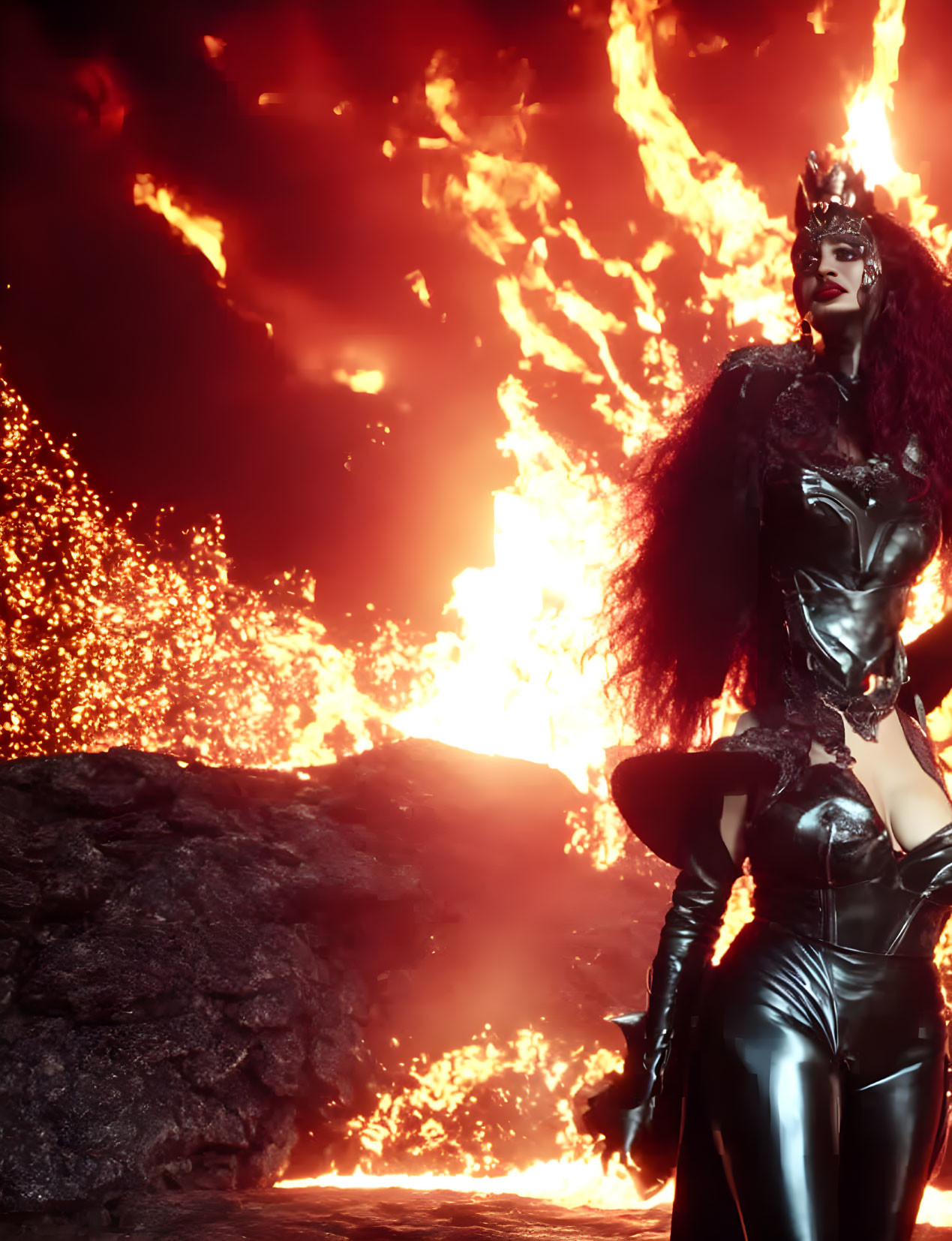 Dramatic person in dark costume with crown against fiery backdrop