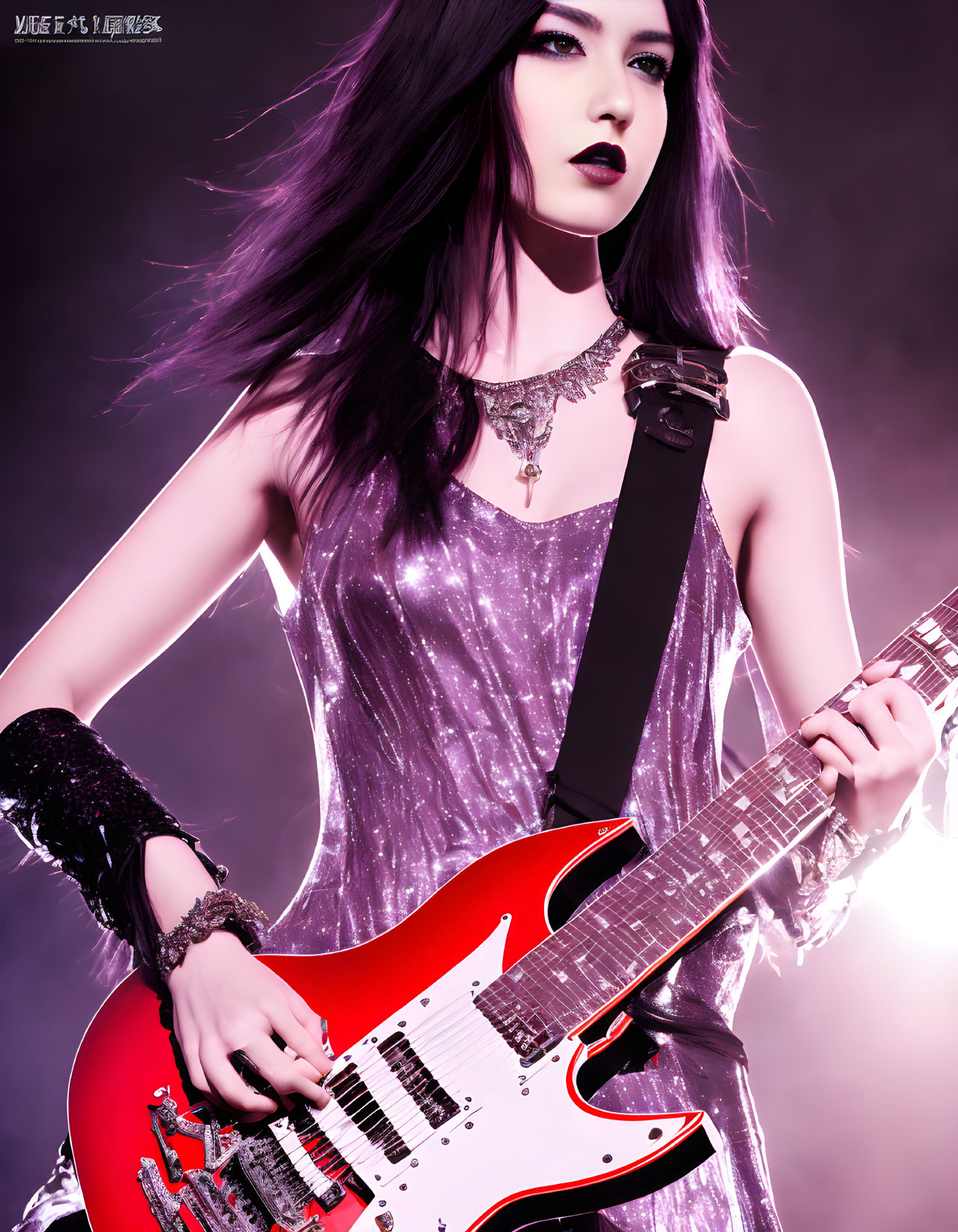 Dark Purple Hair Person Playing Red Electric Guitar in Sparkling Silver Dress