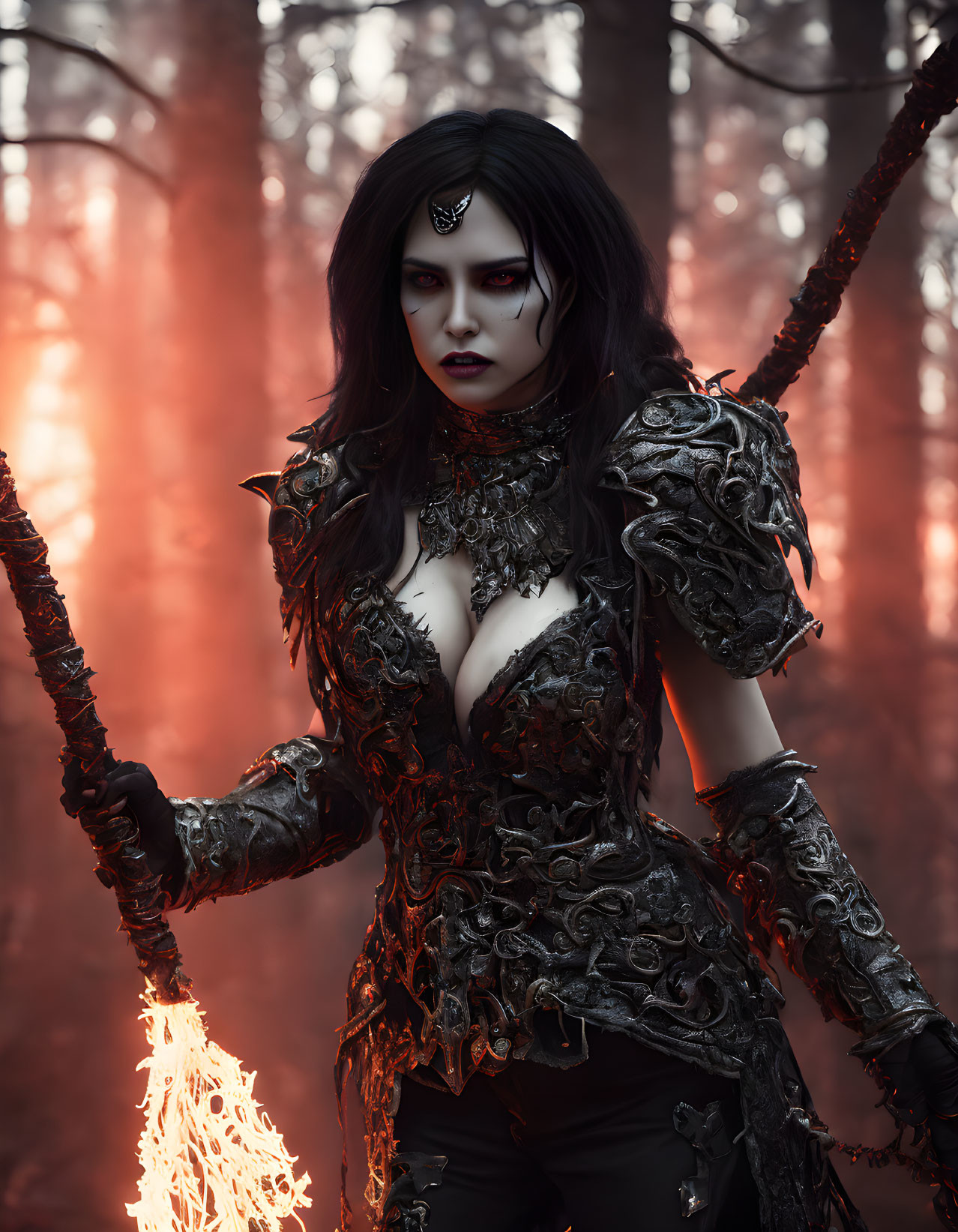 Elaborate dark fantasy armor with red glowing staff in misty forest