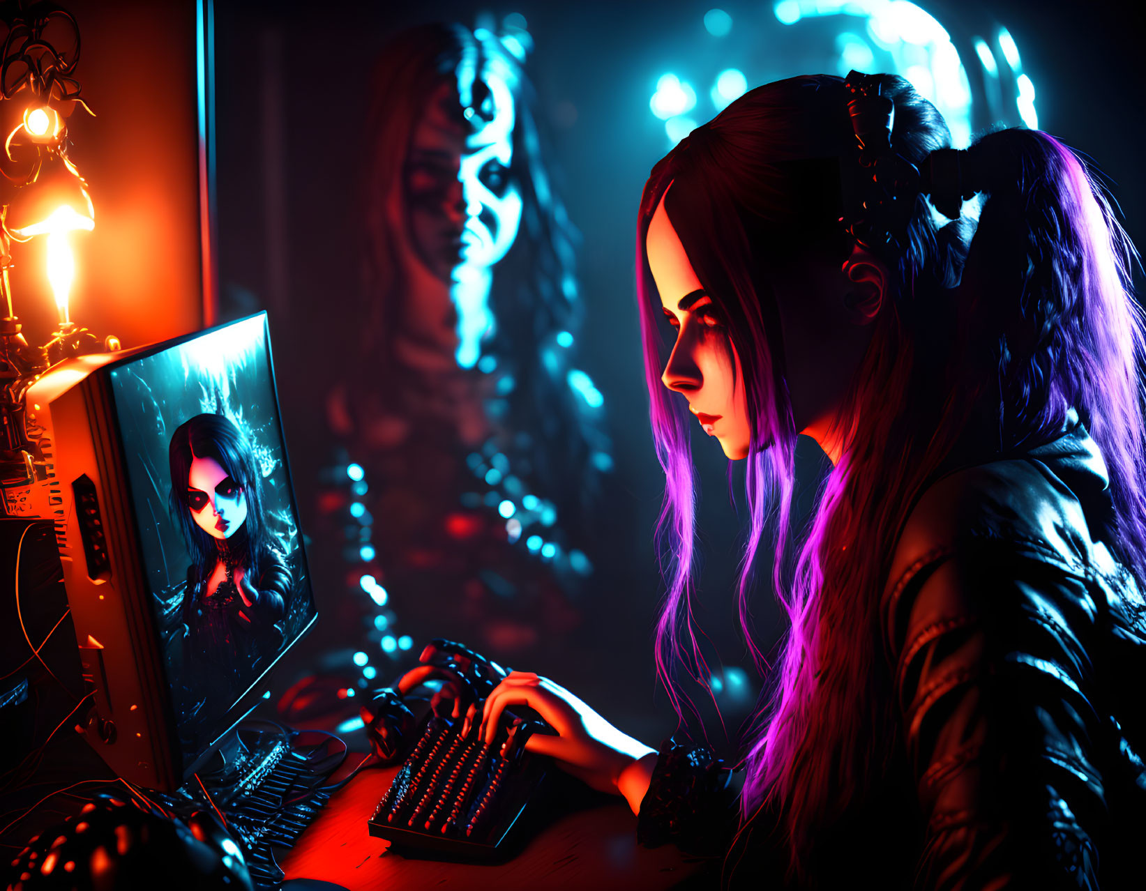 Braided hair woman at computer under neon light gazes at stylized portrait