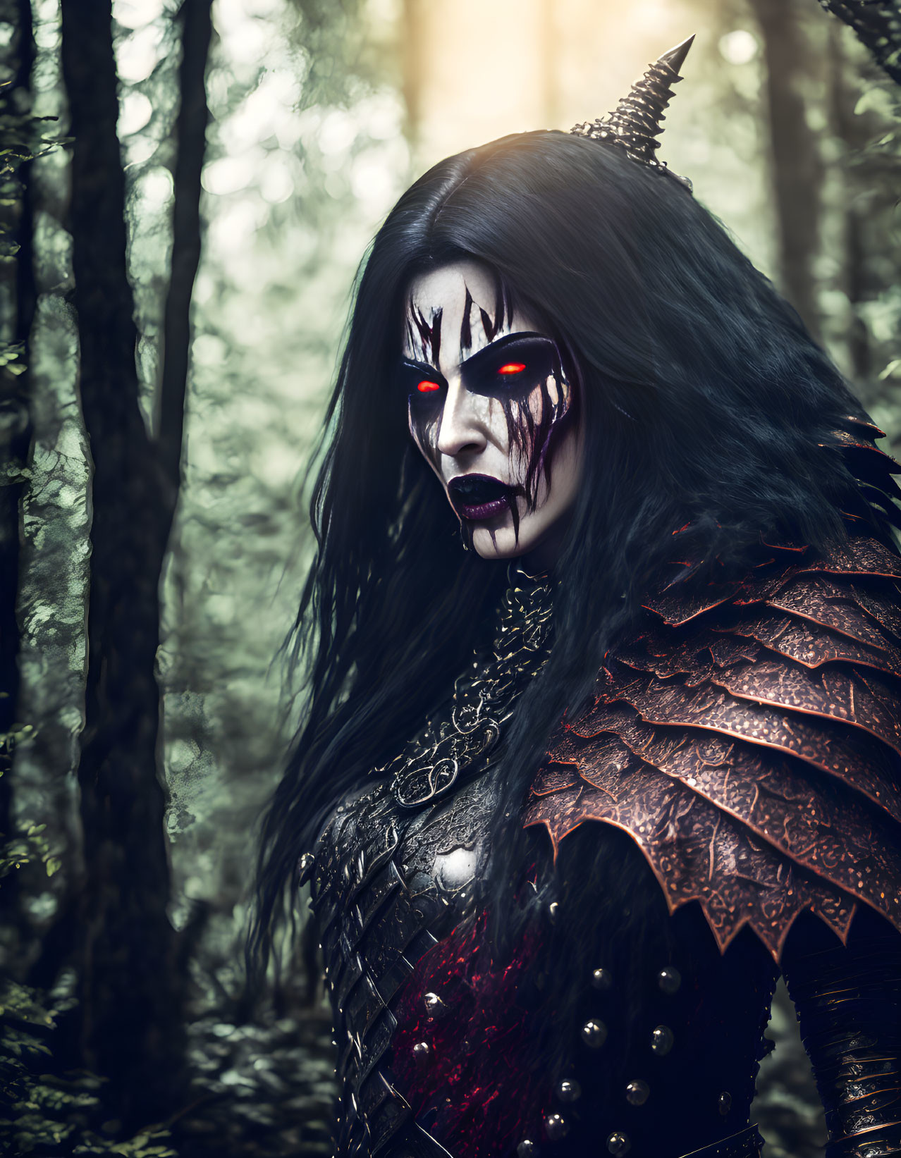 Dark Fantasy Armor and Makeup in Misty Forest