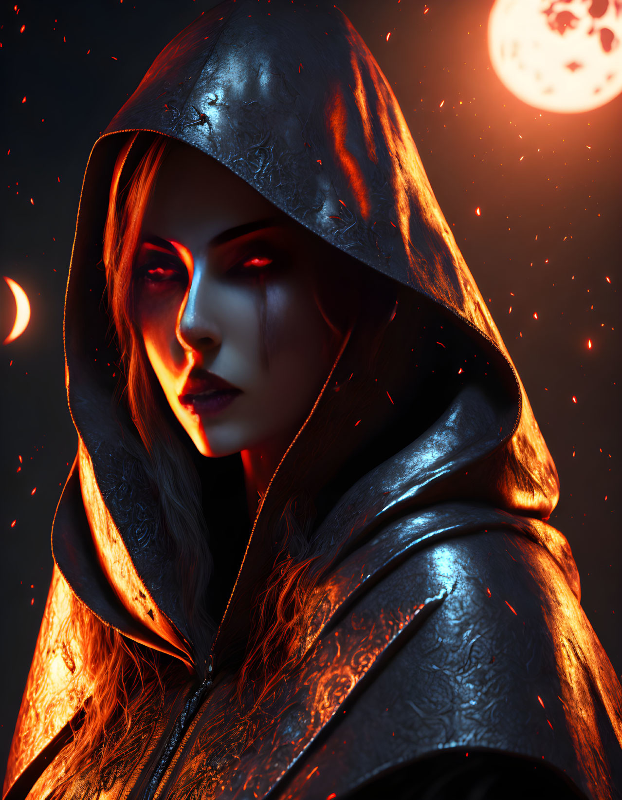 Hooded Figure with Glowing Eyes in Red Celestial Sky