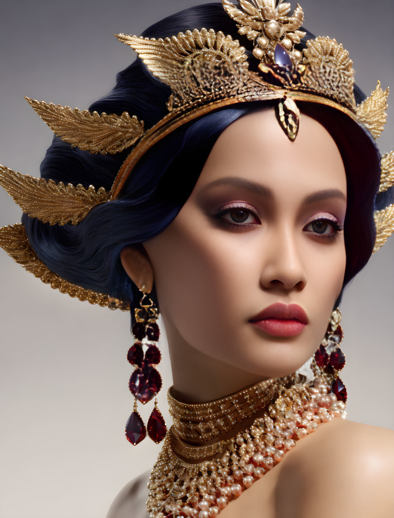 Woman with striking makeup and ornate gold headdress and jewelry on neutral background