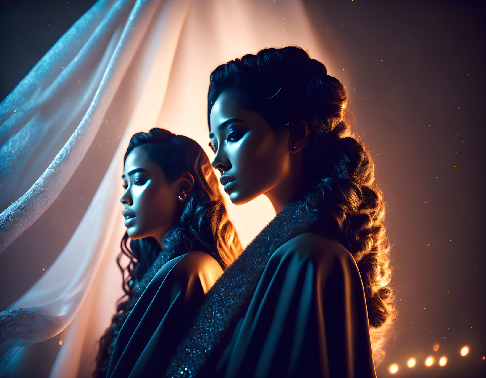 Two women in elegant attire with elaborate hairstyles under dramatic blue and orange lighting.