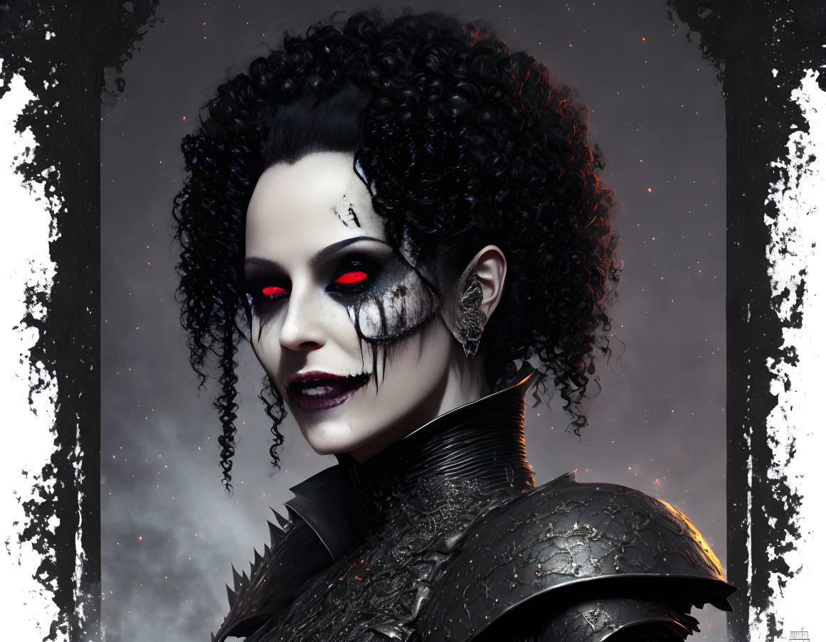 Gothic armored figure with black hair and red eyes in dark setting