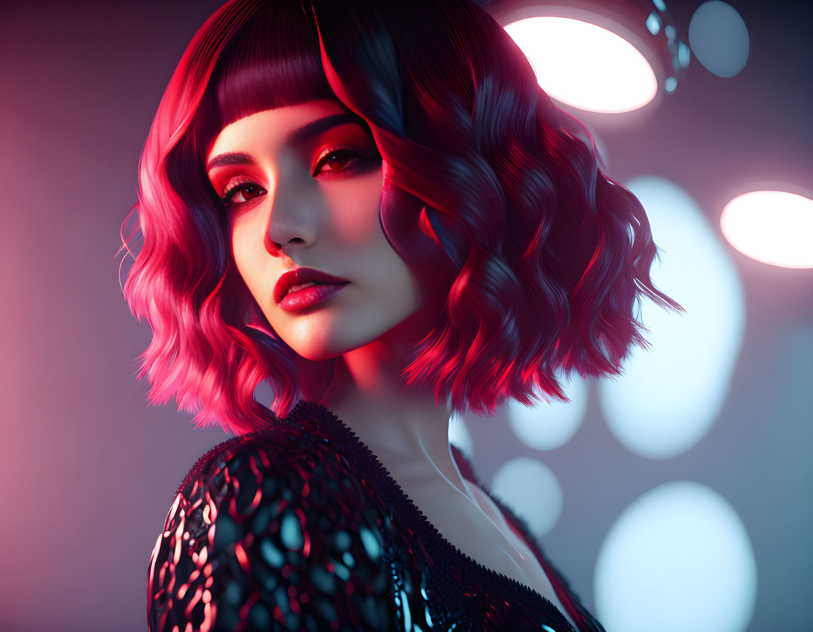 Modern bob haircut with pink tint under moody multicolored lighting