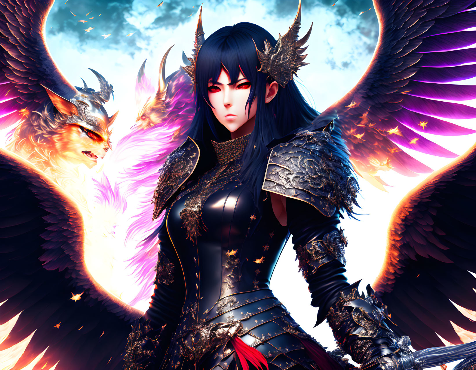 Dark-armored female warrior with wings and phoenix companion in fiery celestial scene