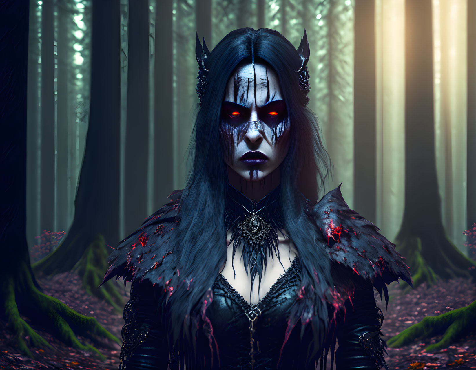 Fantasy character with horns and red eyes in dark armor in haunting forest