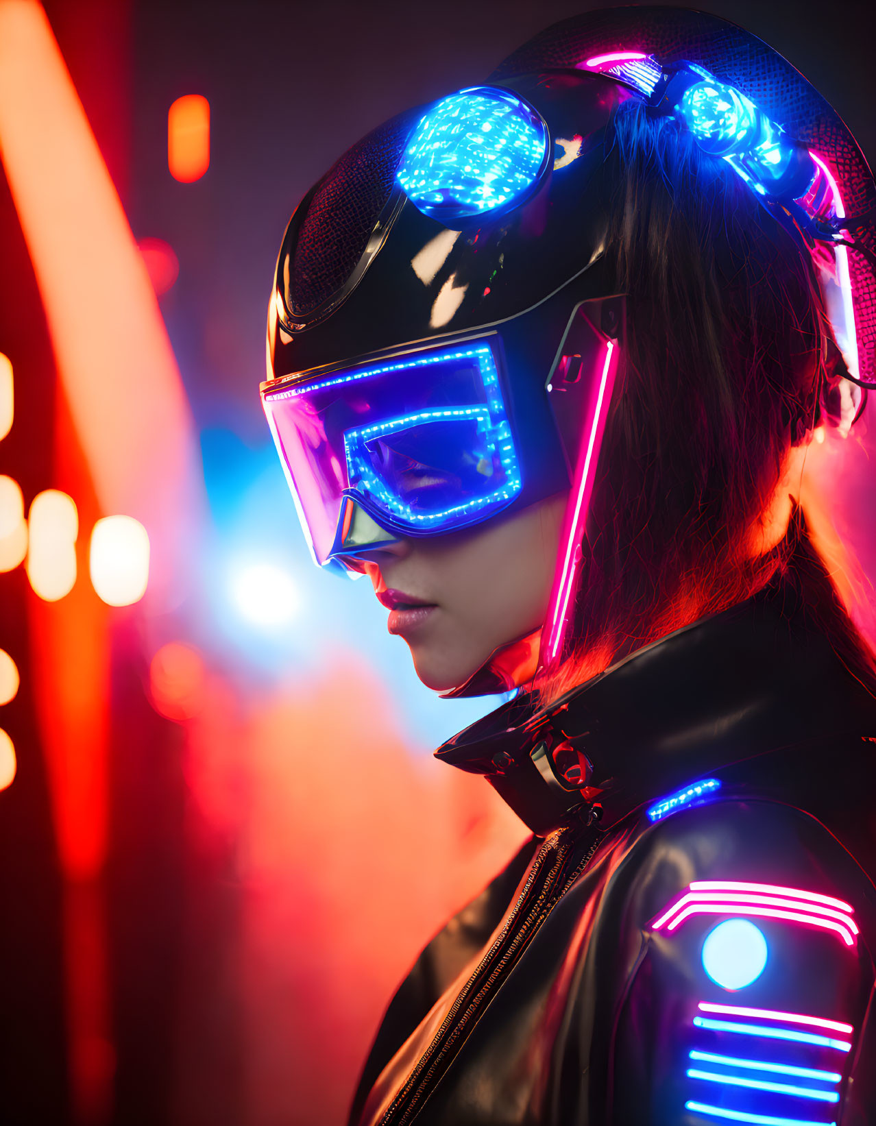 Futuristic helmet with neon lights and glasses in cyberpunk setting