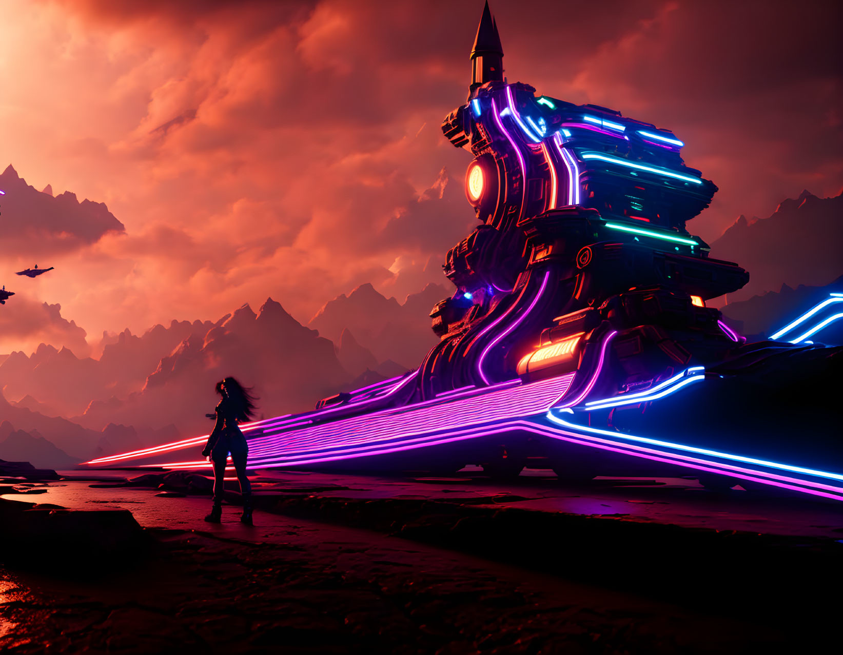 Futuristic neon-lit platform with vibrant spaceship and crimson sky