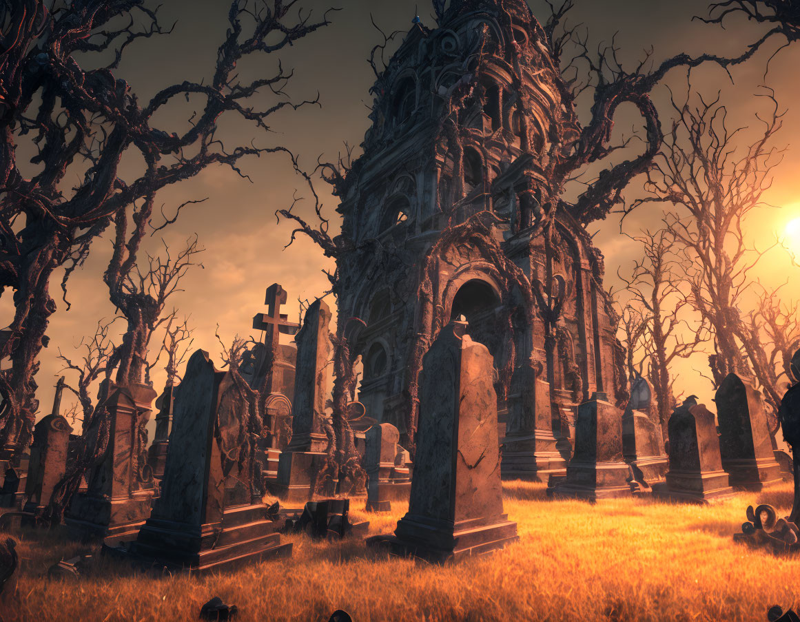 Eerie graveyard scene with tombstones and mausoleum under orange sky