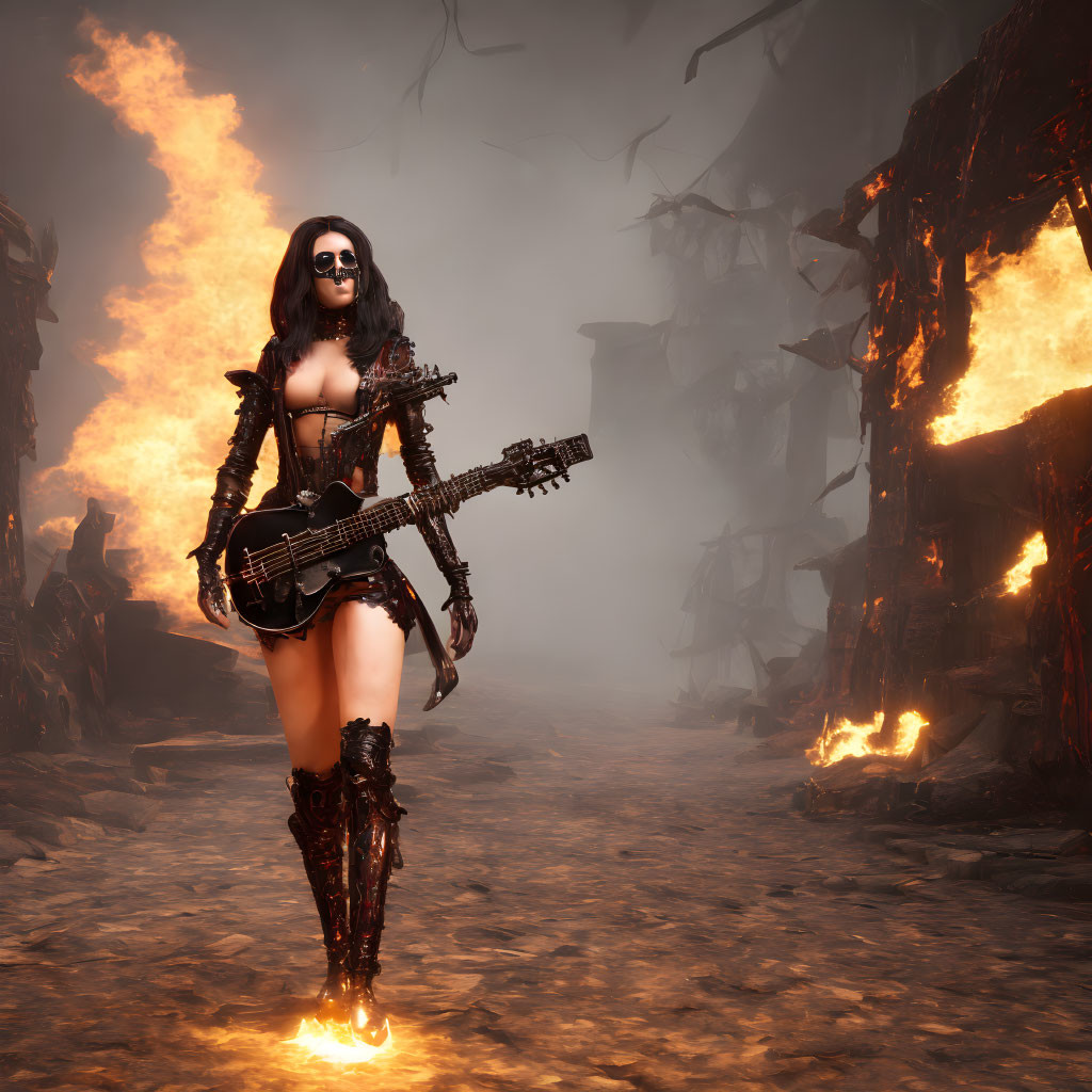 Fantasy-style armored person with guitar in fiery landscape