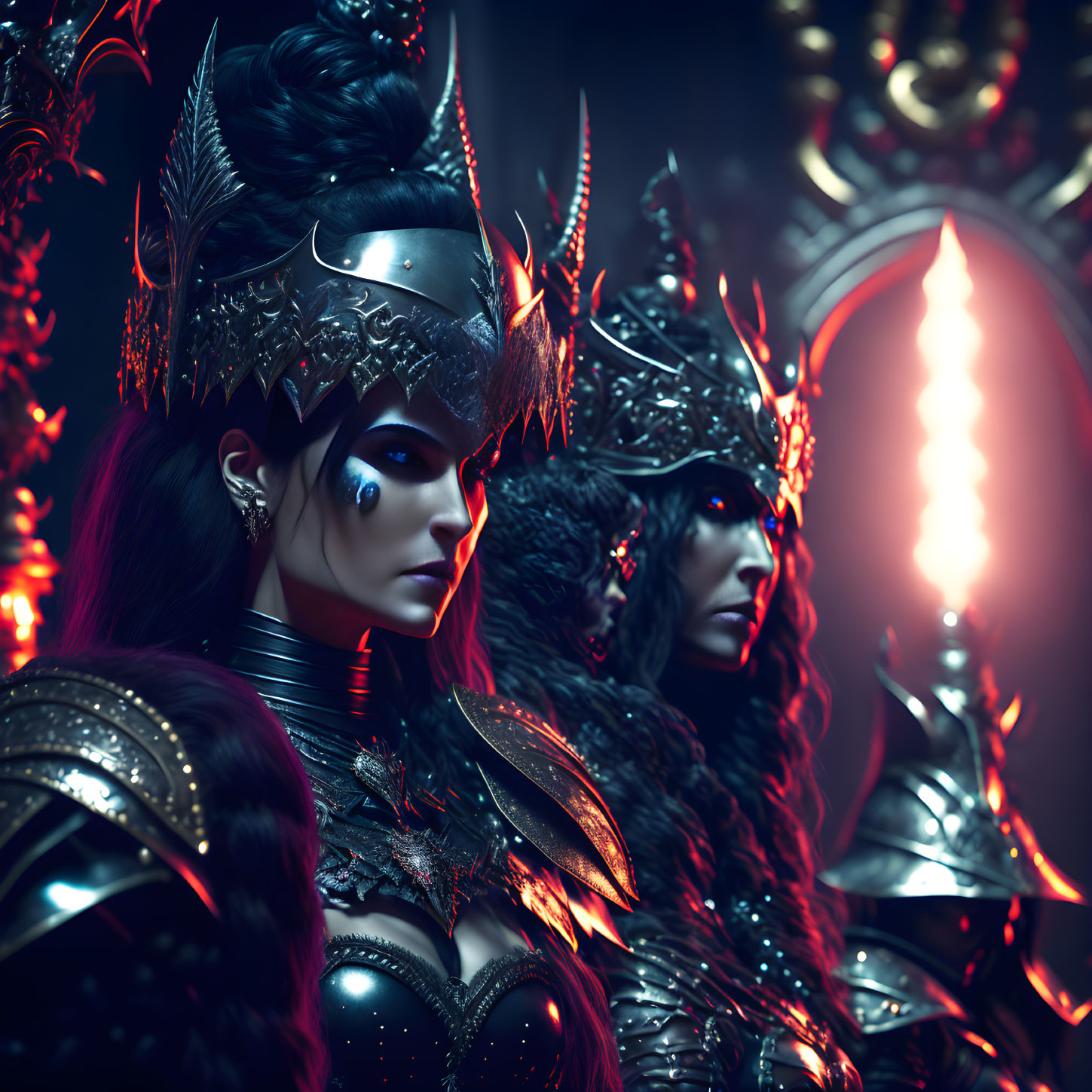 Two women in ornate fantasy armor with glowing red sword in mystical warrior theme.