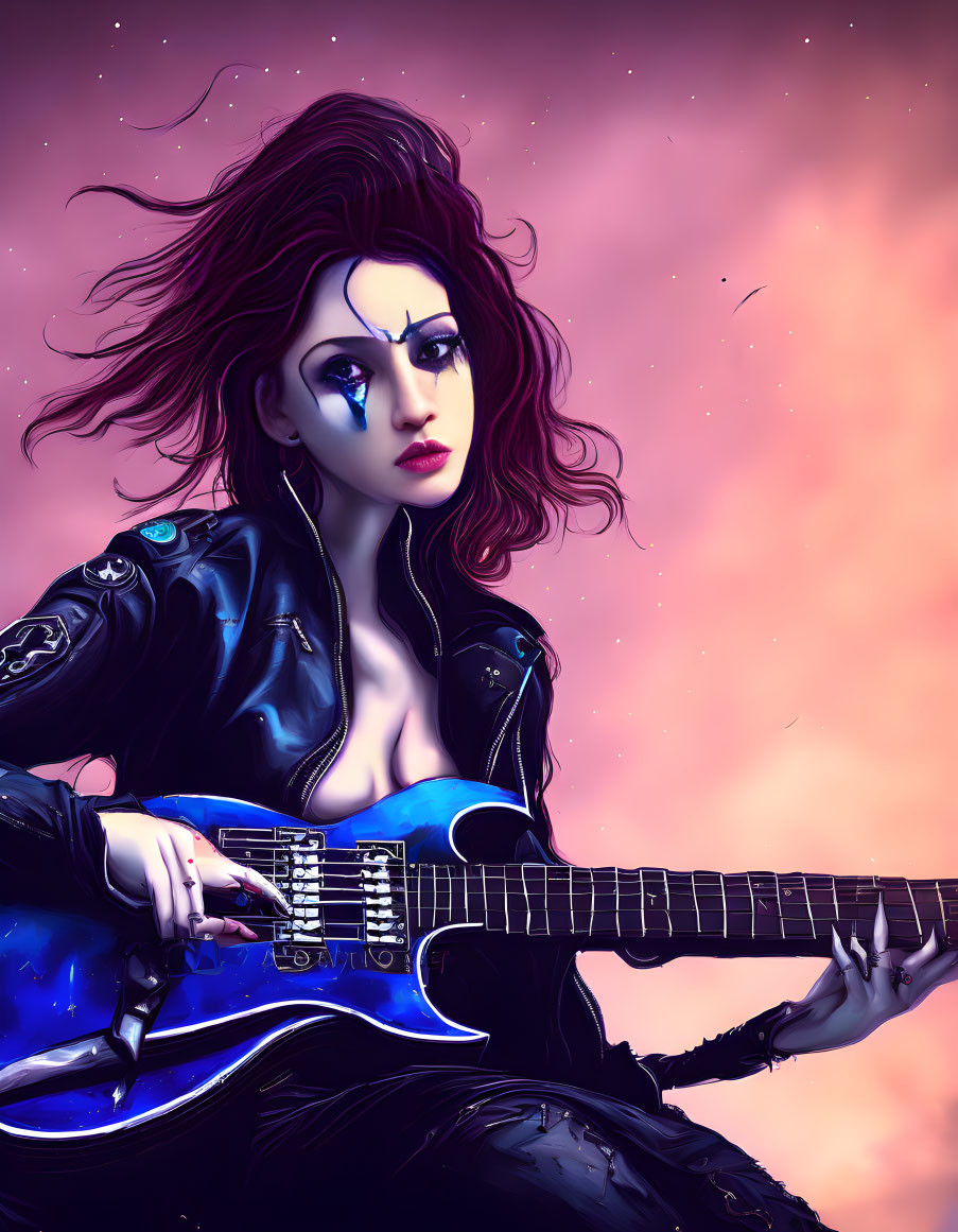 Dark-haired woman plays electric guitar in leather jacket against vivid cosmic backdrop