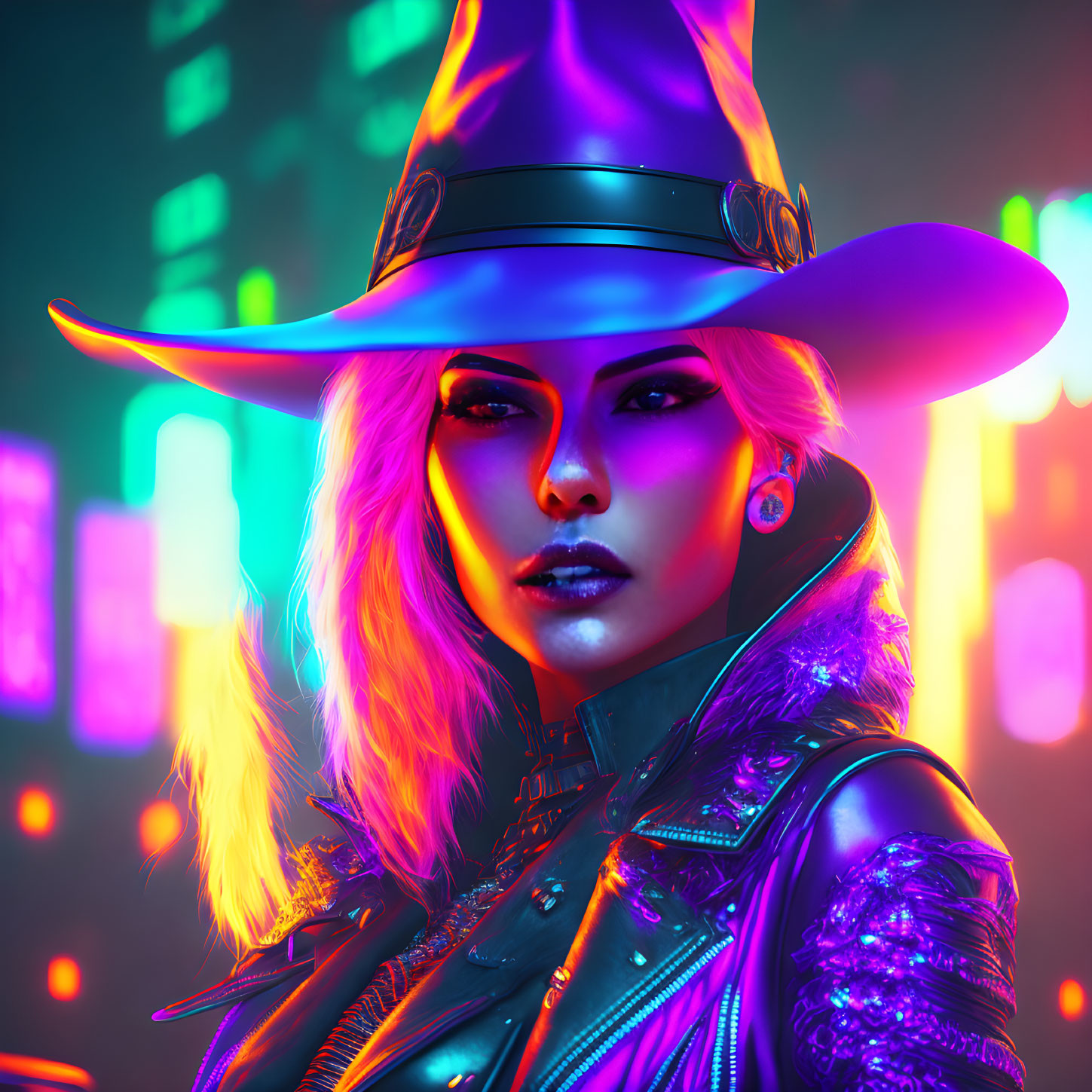 Stylized female character with neon hair and futuristic attire in city backdrop