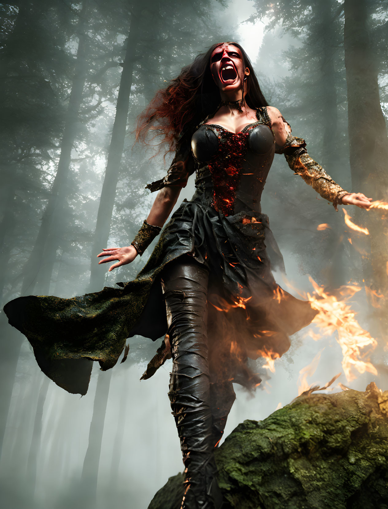 Passionate woman in dark fantasy attire amid mystical forest and flames