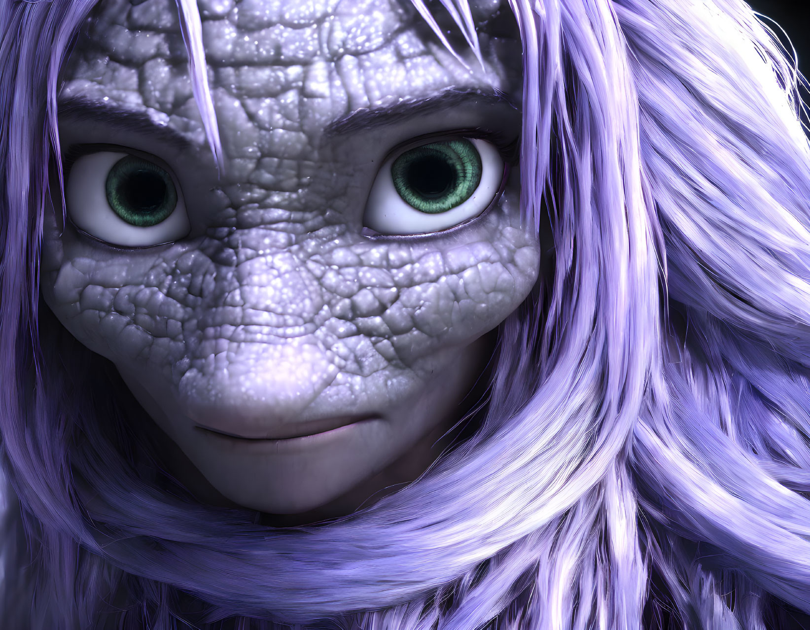 Fantastical creature with purple hair, green eyes, and scaly skin