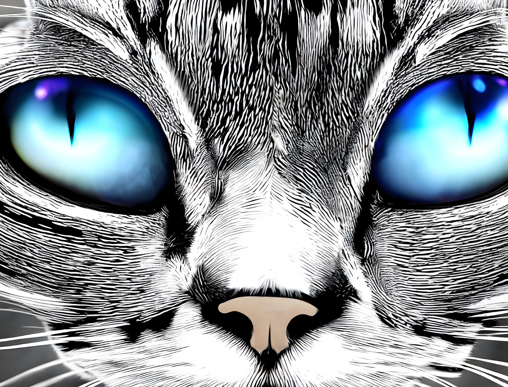 Detailed Close-Up Illustration of Cat with Intense Blue Eyes