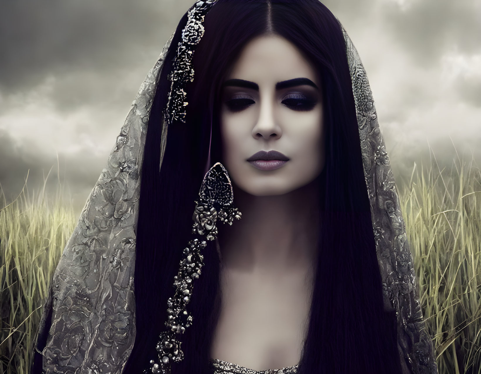 Dark-haired woman in silver jewelry and black veil in stormy field