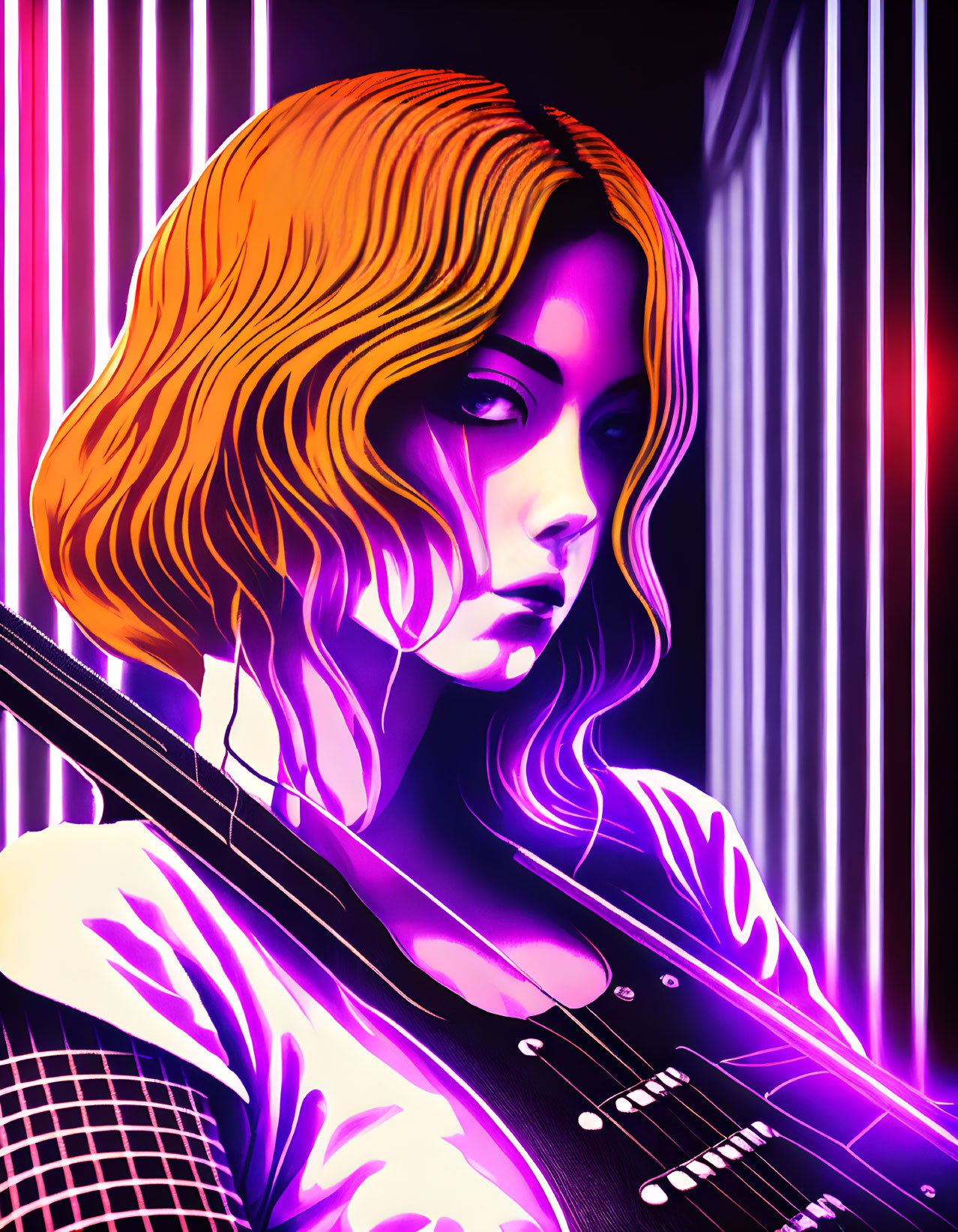 Woman with Golden Hair and Guitar in Neon Pink and Purple Background