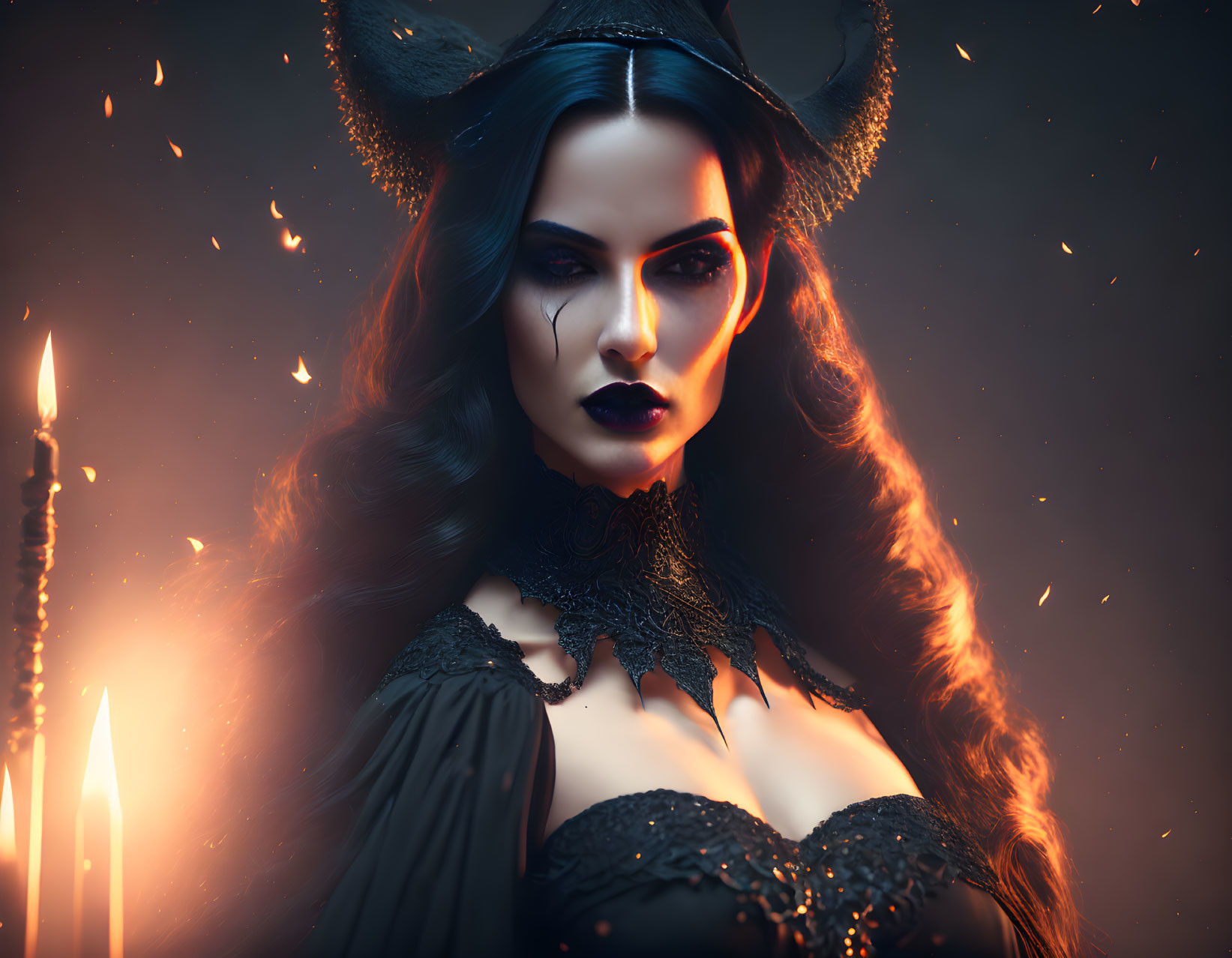 Mysterious woman with horns and smoky eyes in candlelit, sultry setting