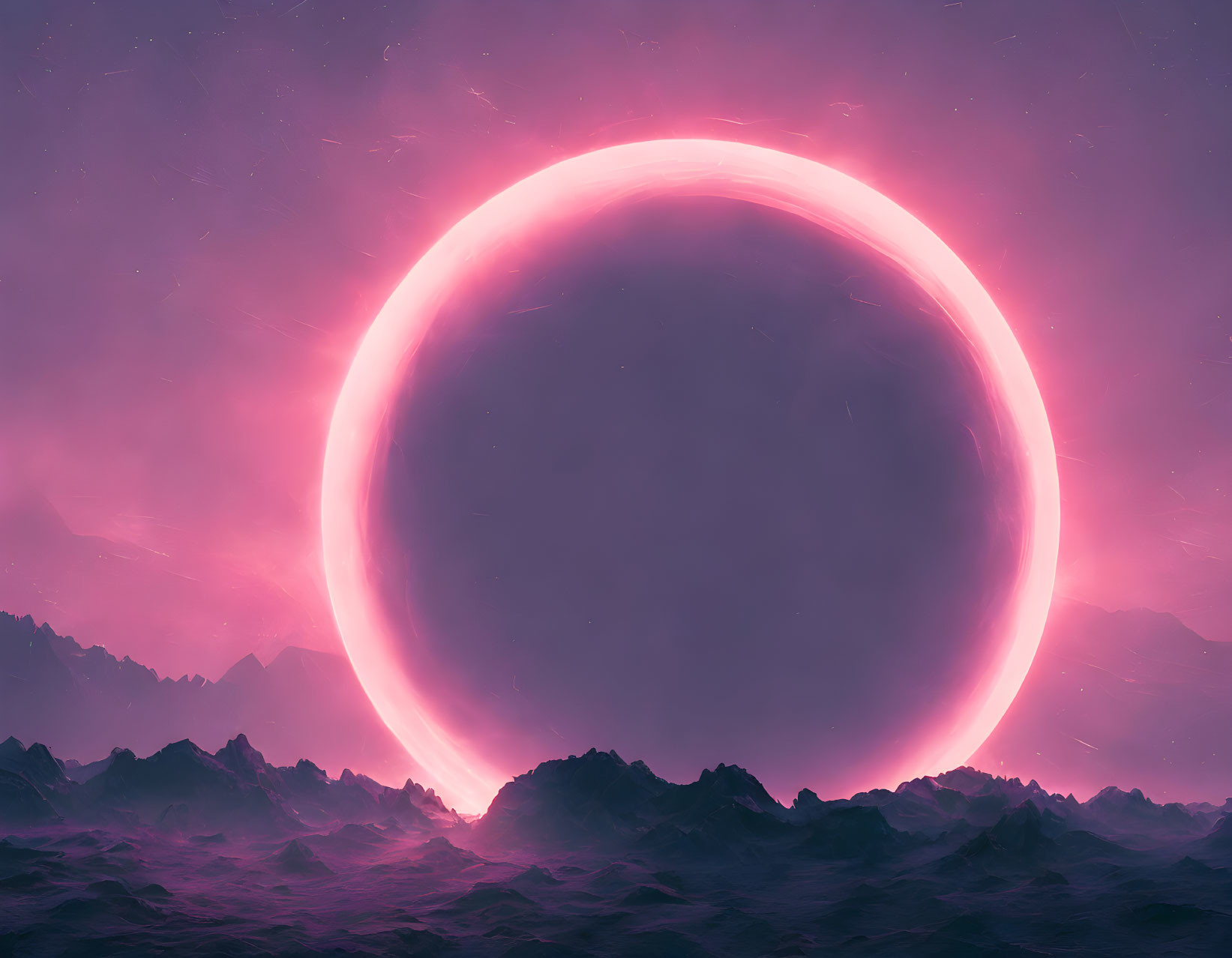 Surreal landscape with neon-pink ring and dark planet on rugged terrain